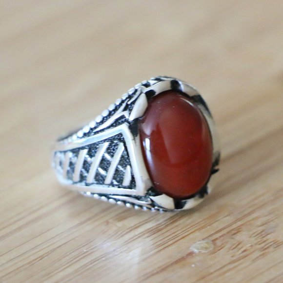925 Sterling Silver Men's Ring Natural Red Agate - Picture 9 of 11